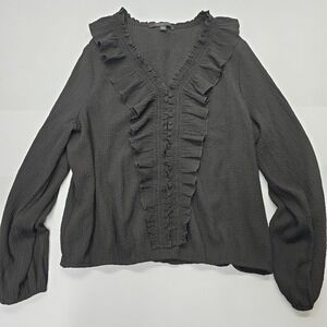 Marc New York Andrew Marc Black Ruffle V-Neck Textured Blouse XL Long Sleeve